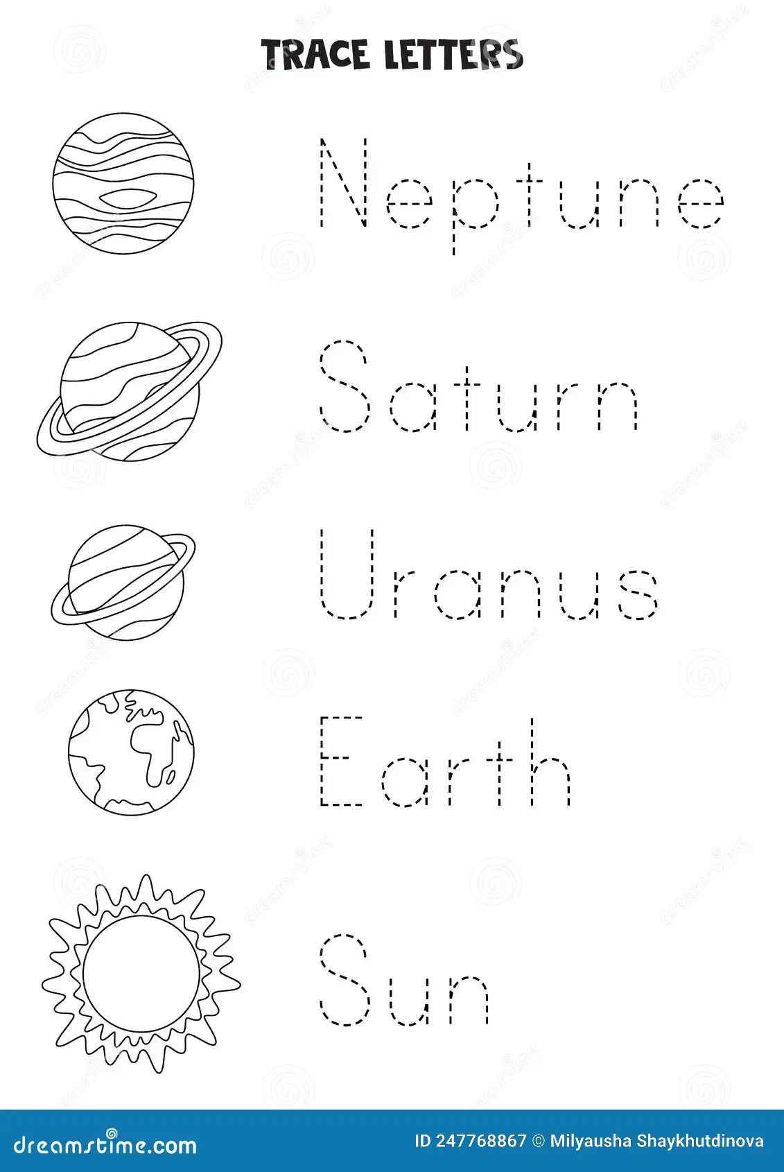 Tracing Words Of Solar System Planets Black And White Worksheet 