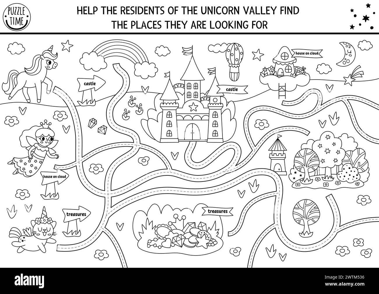 Vector Handwriting And Maze Worksheet With Unicorn Fairy Cat 