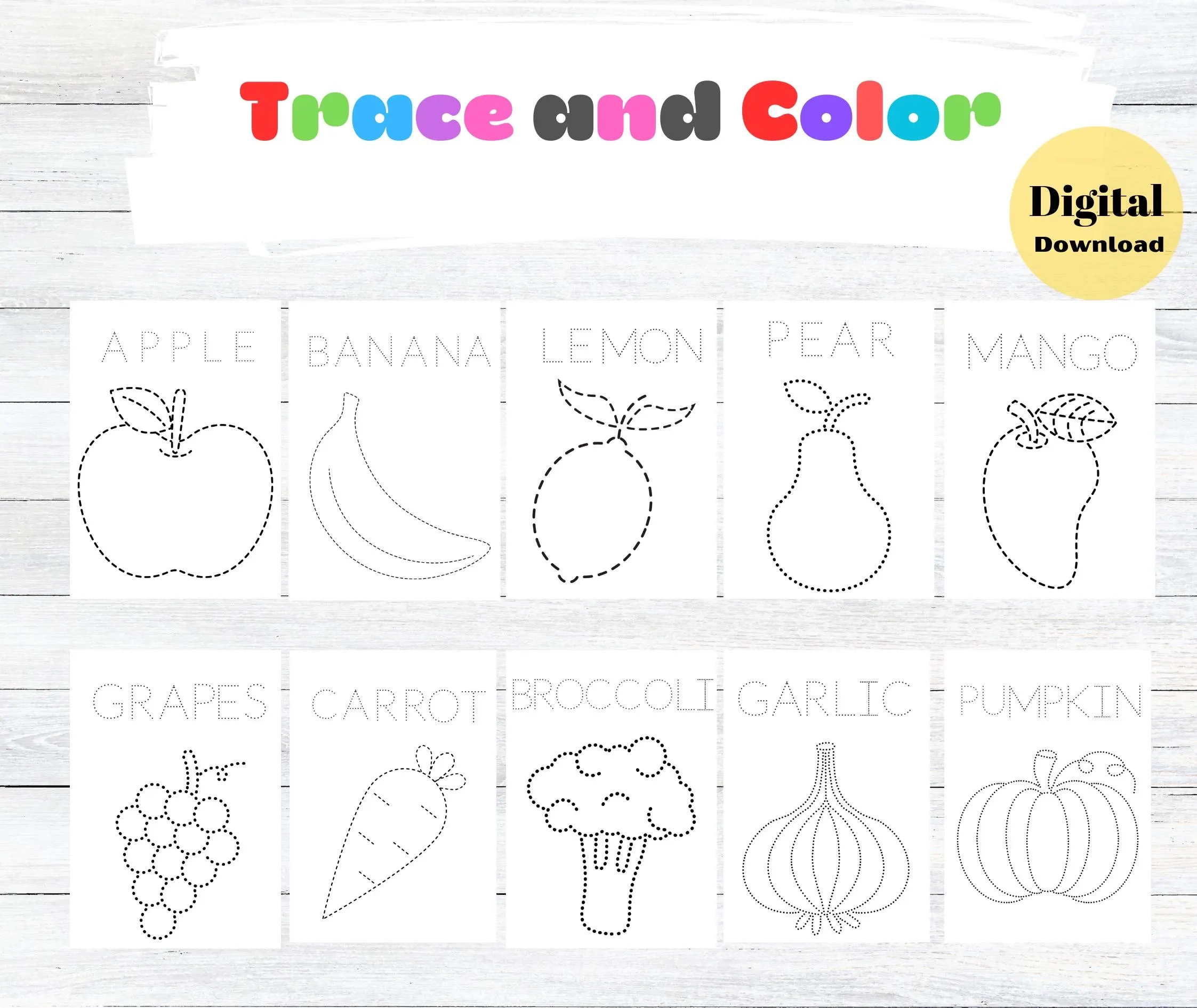 Vegetables amp Fruits Tracing Coloring Pages Preschool Kindergarten Vegetables amp Fruits Tracing Coloring Pages Preschool Kindergarten