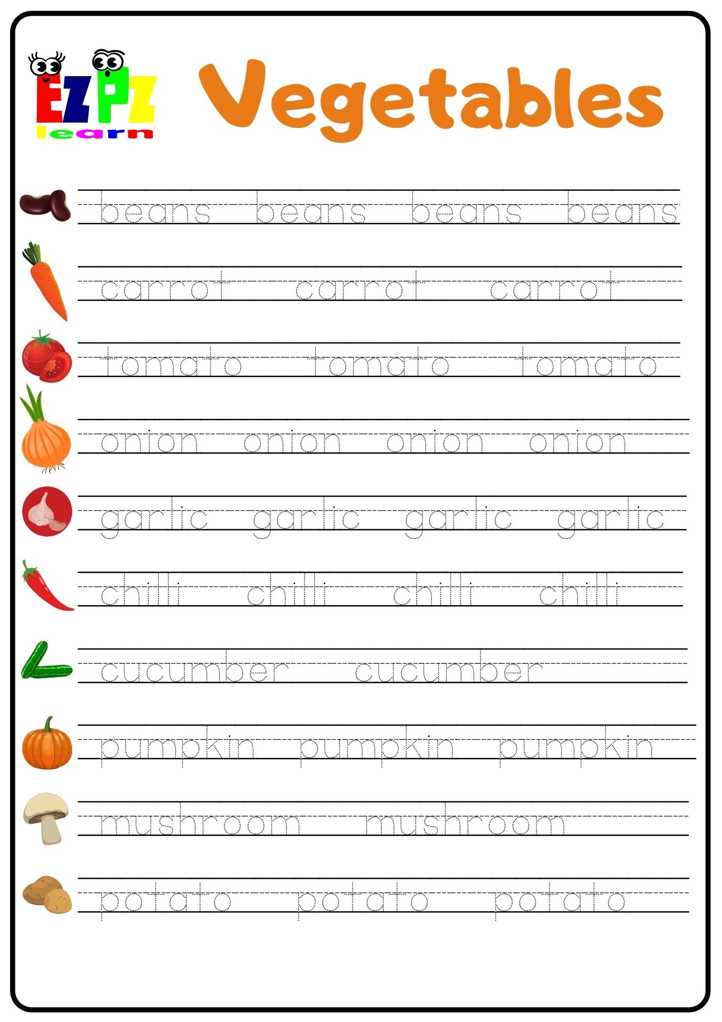 Vegetables Word Tracing Worksheet Ezpzlearn