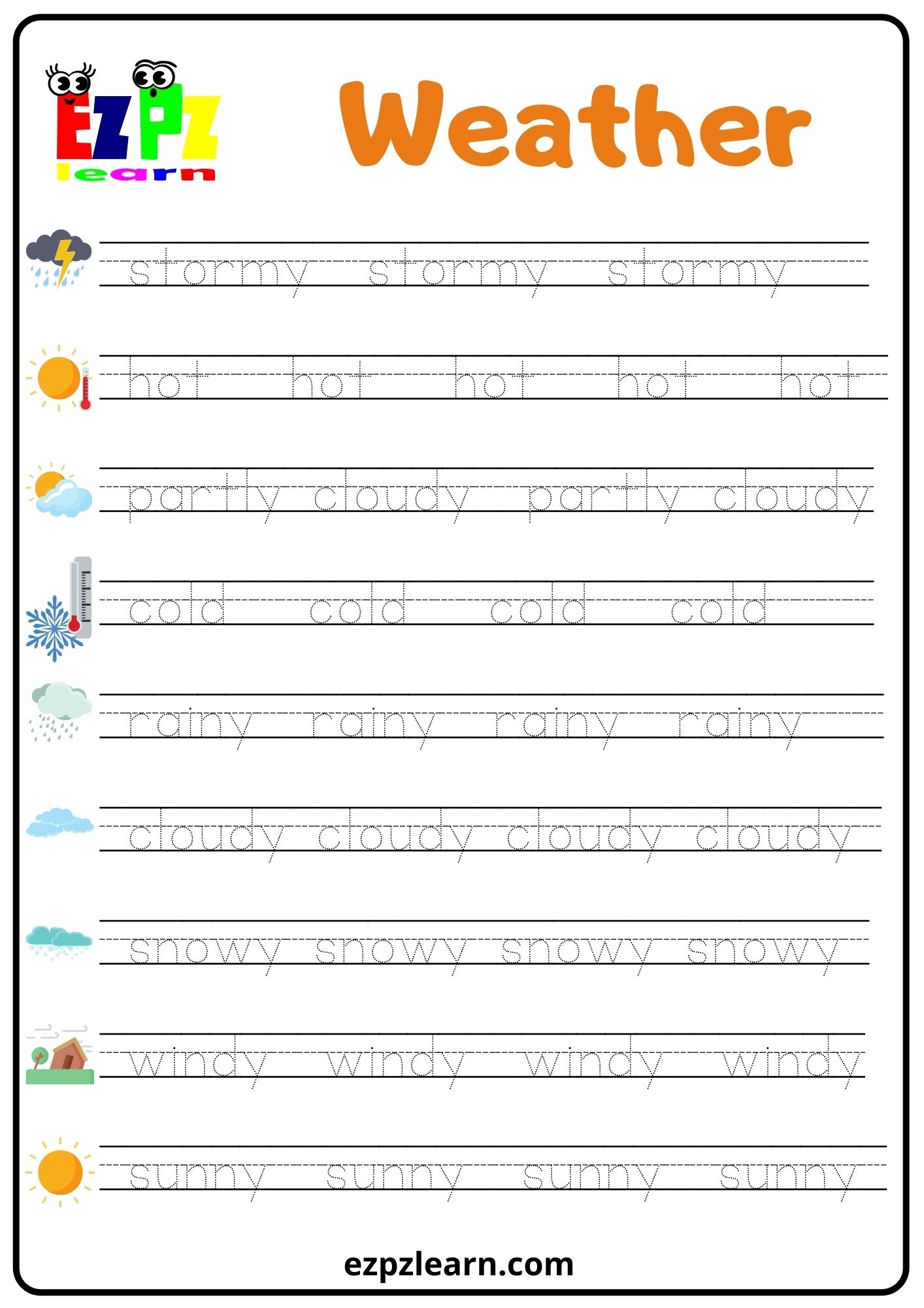 Weather Word Tracing Worksheet Ezpzlearn