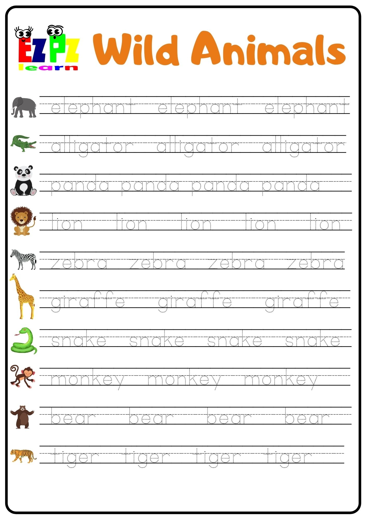 Wild Animals Word Tracing Worksheet Ezpzlearn Wild Animals Word Tracing Worksheet Ezpzlearn