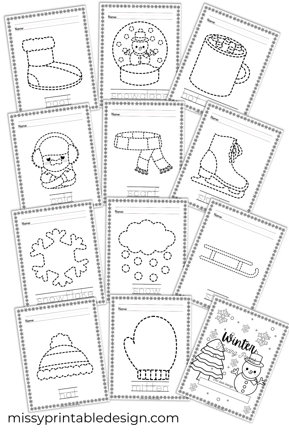 Winter Tracing Worksheets Missy Printable Design LLC