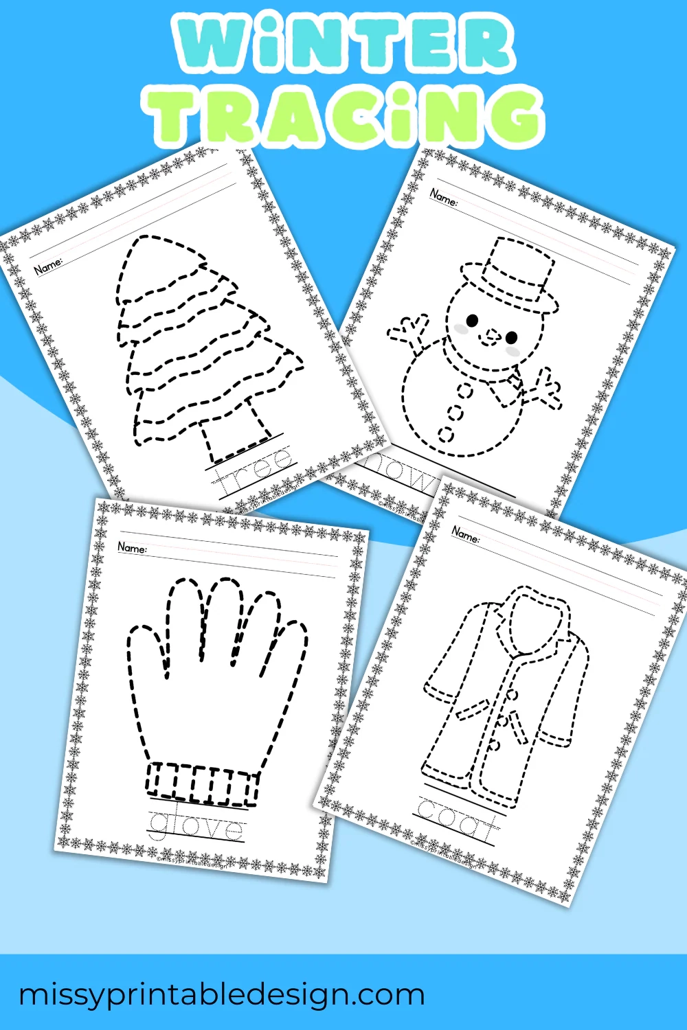 Winter Tracing Worksheets Missy Printable Design LLC
