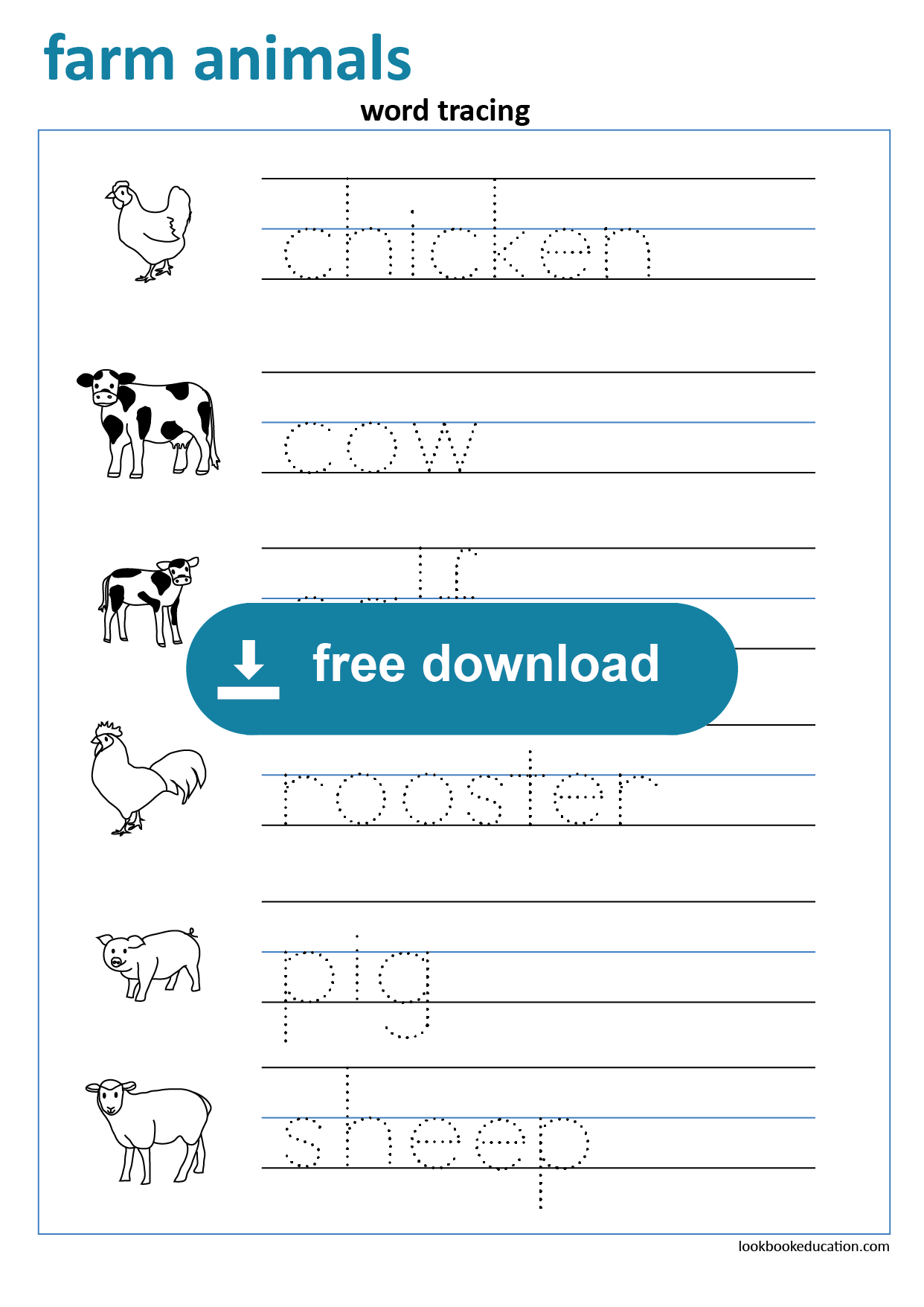 Worksheet Word Tracing Farm Animals Lookbook Education
