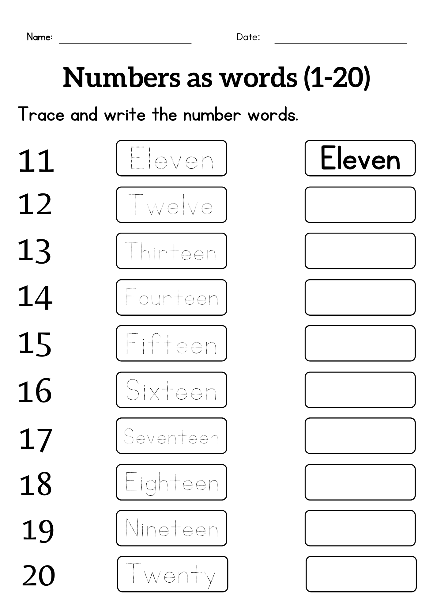 Writing Number Names 1 To 20 Worksheet Tracing Number Words For 