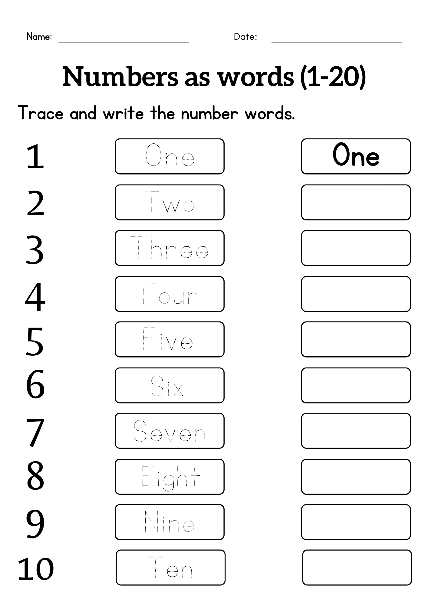Writing Number Names 1 To 20 Worksheet Tracing Number Words For 
