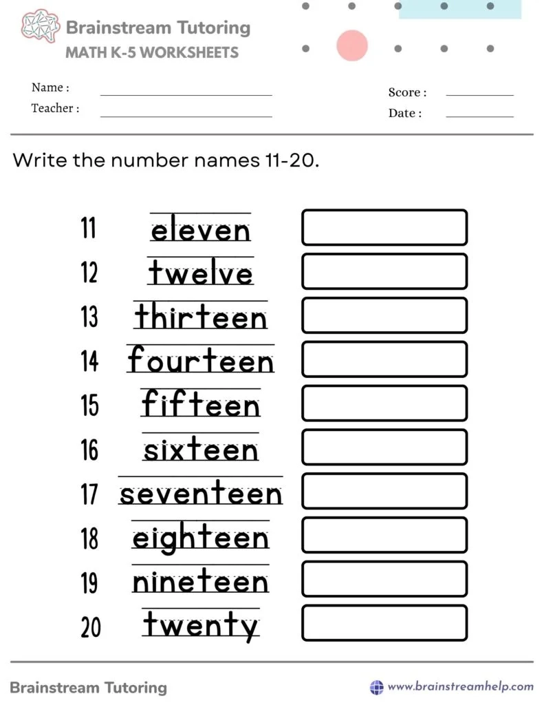 Writing Number Names 11 20 Brainstreamhelp